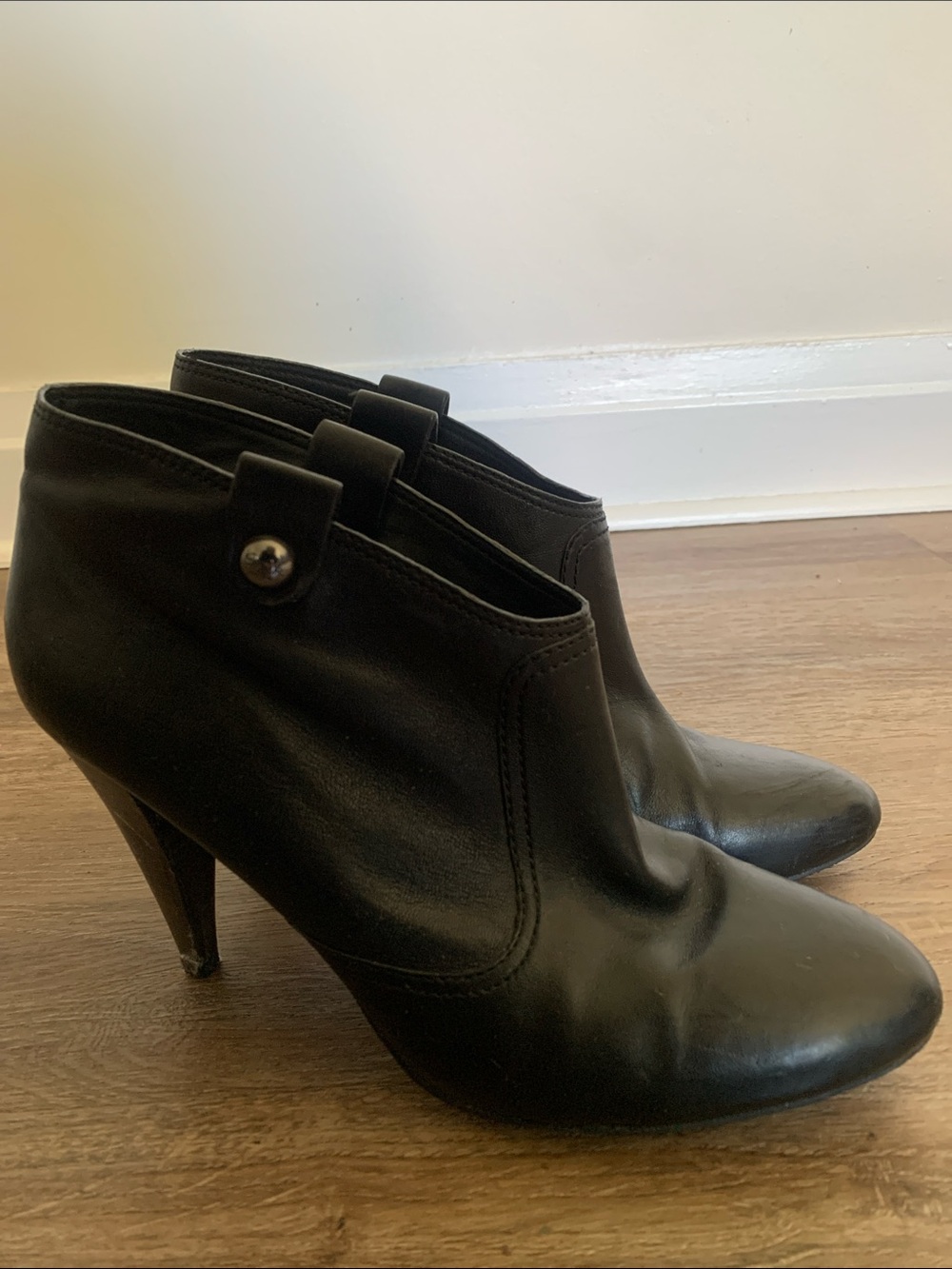 Coach Black Leather Ankle Booties with Button Strap detail